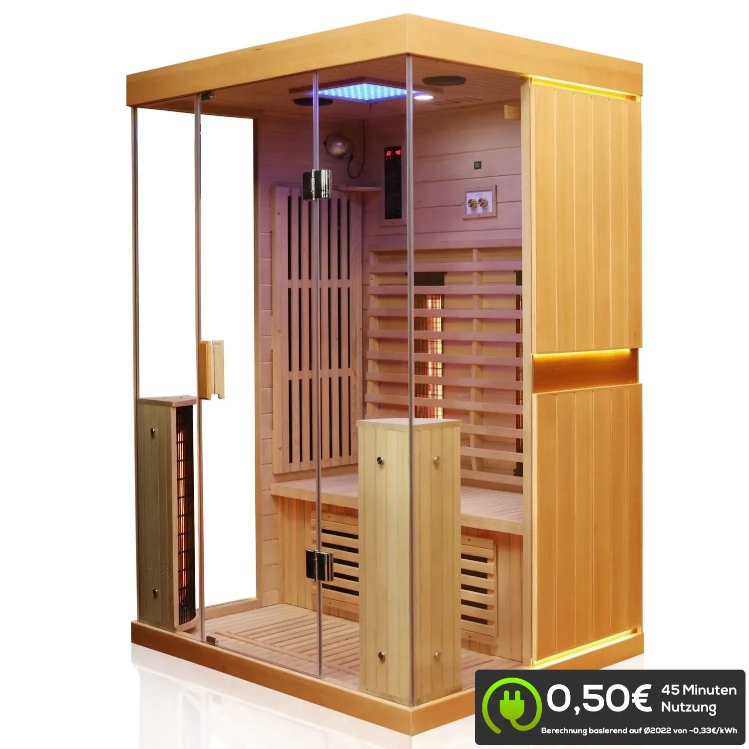 Dewello Infrarotkabine Kingston für 2 Personen aus Hemlock Tannenholz mit Glasfront.