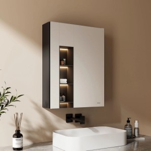 Emke Spiegelschrank, schwarz, 50x65cm, 1-türig. Badezimmerschrank mit Ablagen über Waschbecken.