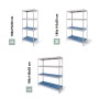 Ar Shelving Lebensmittelregale Gastronorm in verschiedenen Größen (S, M, L) mit Aluminiumrahmen und blauen Böden.