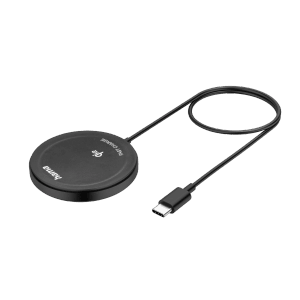 Schwarzes Hama Qi2 Ladepad mit USB-C Kabel für kabelloses, induktives Schnellladen mit 15W.