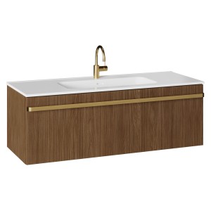 Randal Badmöbel Loa 120 cm in Nussbaumholz mit Waschbecken und goldenem Griff.