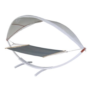 MCW Hängematte J47, weiß/grau, mit Sonnendach und Gestell aus lackiertem Holz.