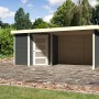 Terragraues Karibu Holz-Gartenhaus mit Flachdach und Anbau, 209x213 cm.