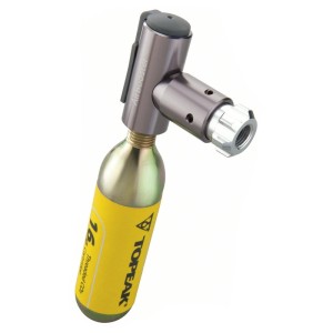 Topeak CO2 Kartuschenpumpe Air Booster Grau mit gelber 16g Kartusche. Leichte Fahrrad Luftpumpe aus Aluminium.