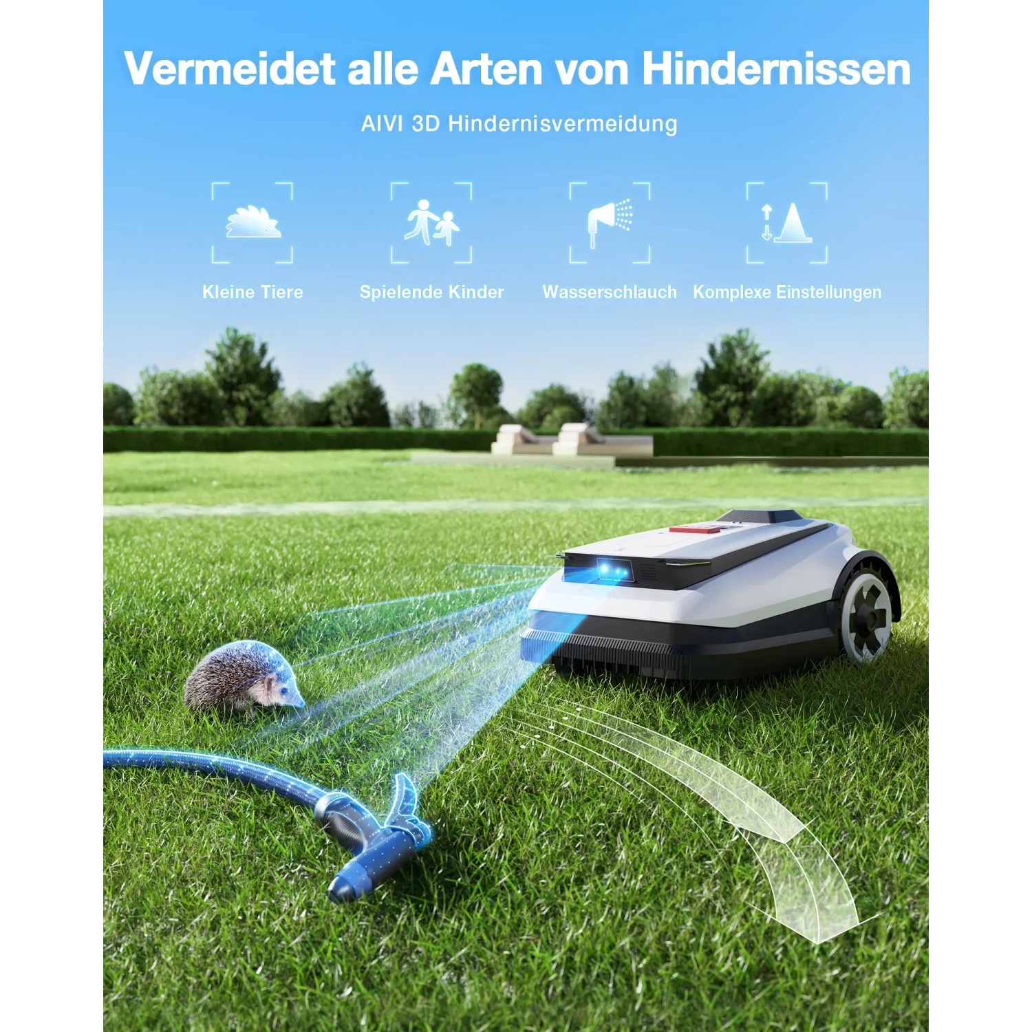 Ecovacs Goat O800 Mähroboter umfährt Hindernisse wie Igel und Gartenschlauch auf Rasen.