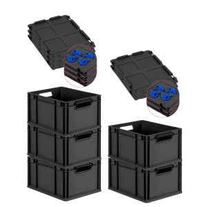 PROREGAL Sparset: 5 schwarze Euroboxen mit Deckel und blauen Verschlüssen, 20 Liter, 22x30x40cm.
