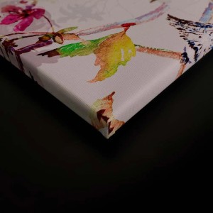 Buntes Wandbild mit Vögeln und Blumen auf Leinwand, Detailansicht.