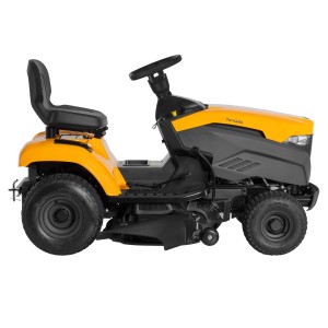 Gelber Stiga Rasentraktor Tornado 5108 mit Seitenauswurf, seitliche Ansicht.
