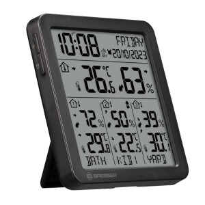 Bresser Thermo-Hygrometer Quadro Individio S 4er-Set Wetterstation mit 3 Sensoren zeigt Temperatur und Luftfeuchtigkeit.