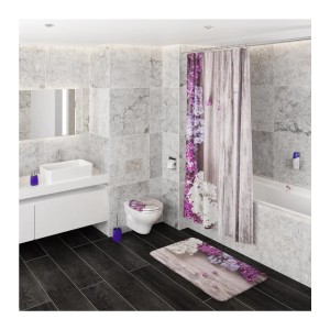 Sanilo Bad-Set mit Flieder-Motiv: WC-Sitz, Duschvorhang und Badematte im Badezimmer.