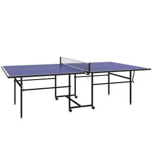 Zusammenklappbarer, blauer SPORTNOW Tischtennistisch mit Netz und Stahlgestell.