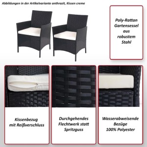 Zwei MCW Poly-Rattan Gartensessel Halden in Anthrazit mit cremefarbenen Sitzkissen. Robustes Stahlgestell, wasserabweisende Bezüge.