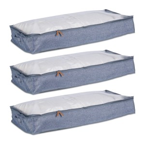 Relaxdays Unterbettkommode 3er Set Polyester Grau Sichtfenster 14 cm x 100 cm x 45 cm