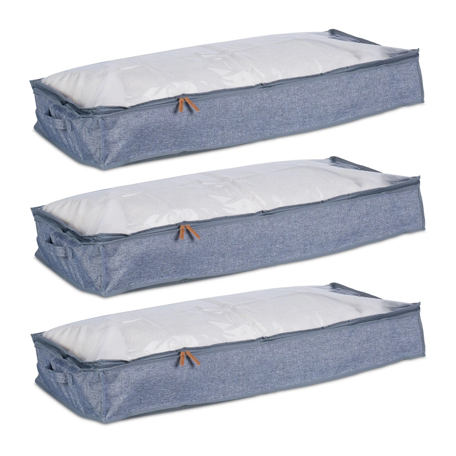 Relaxdays Unterbettkommode 3er Set Polyester Grau Sichtfenster 14 cm x 100 cm x 45 cm