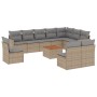 Beige 11-tlg. Garten-Sofagarnitur aus Polyrattan mit Kissen und Tisch für Terrasse und Garten.