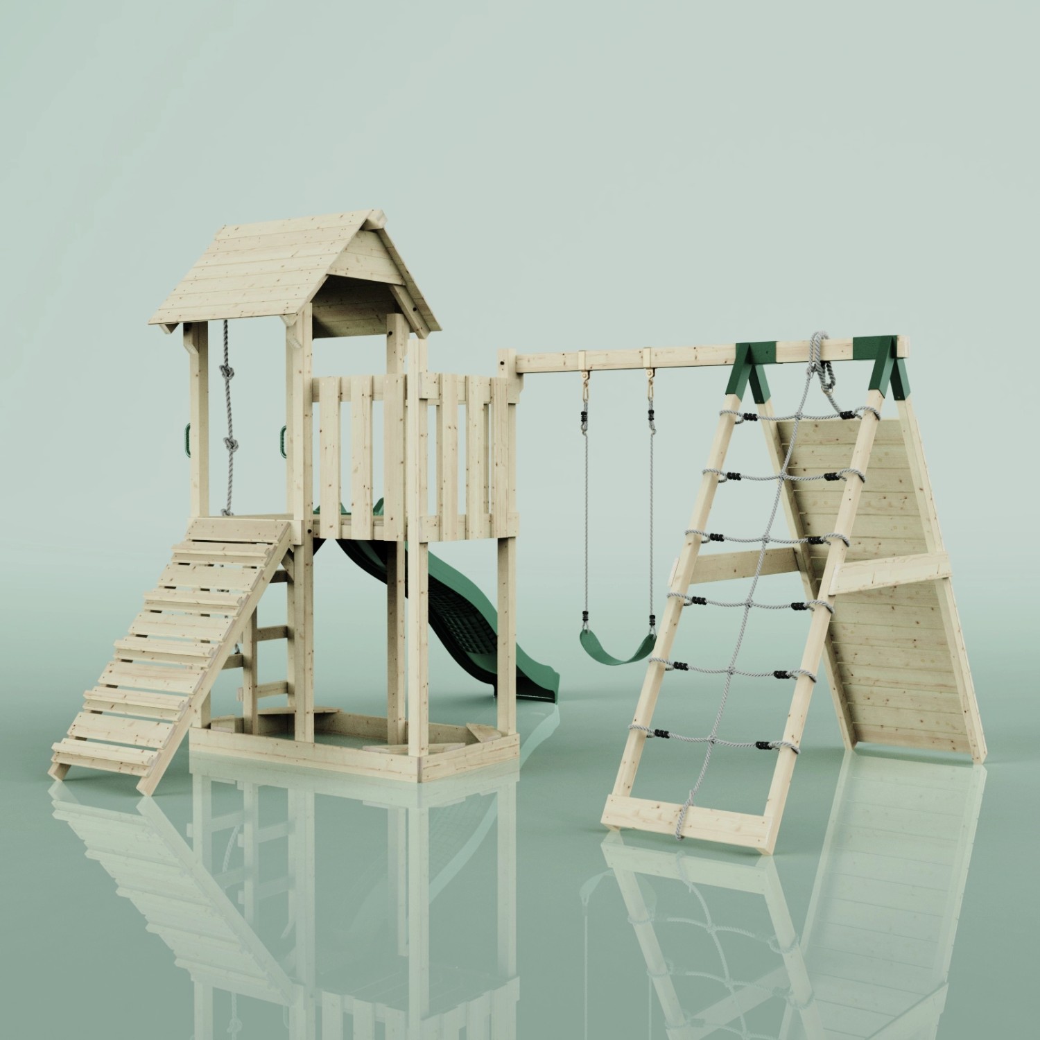 PolarPlay Spielturm Farö mit Schaukel, Kletterwand und Rutsche in Grün. Holzkonstruktion für den Garten.