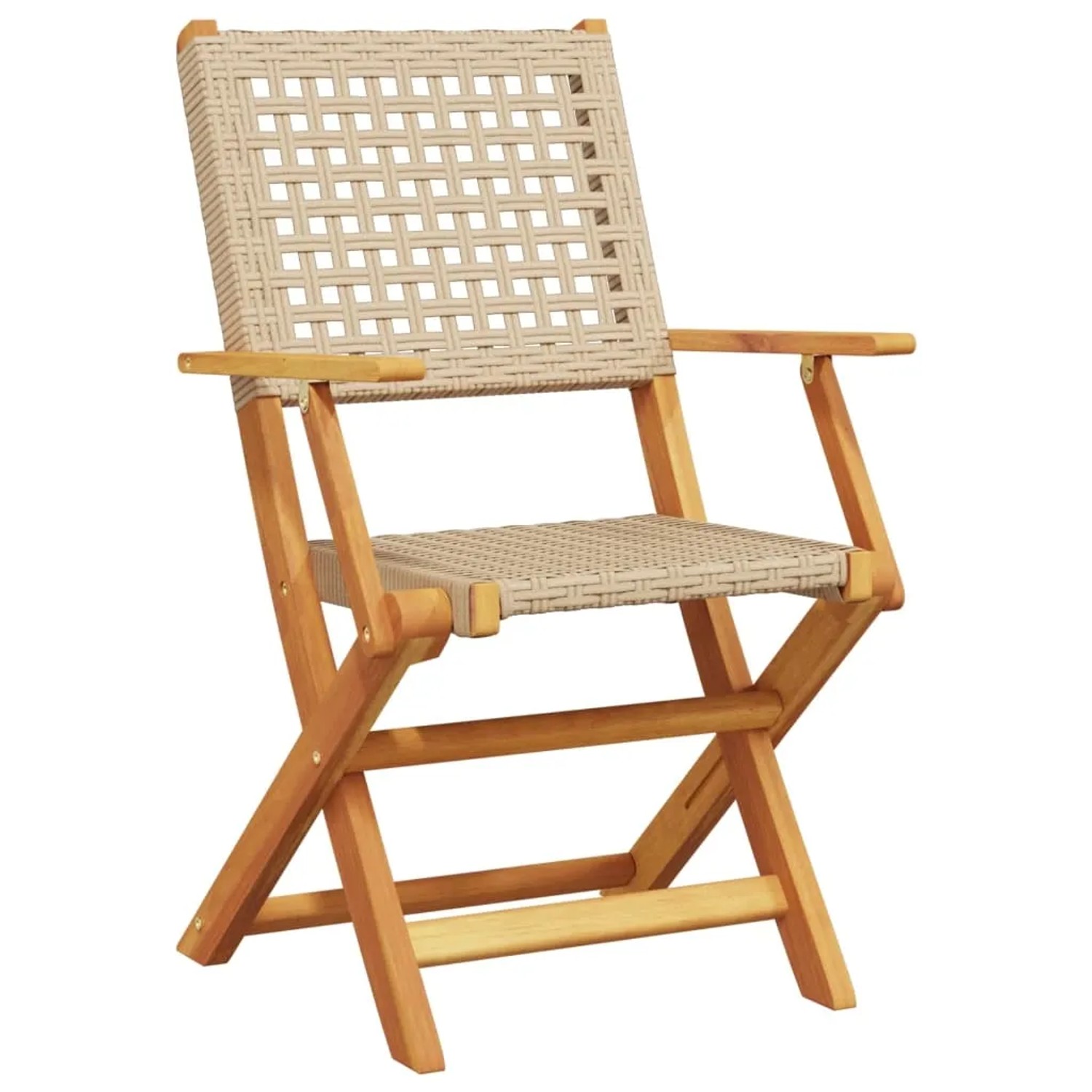 Beiger Gartenstuhl aus Polyrattan und Akazienholz, Teil der 5-tlg. Garten-Essgruppe.