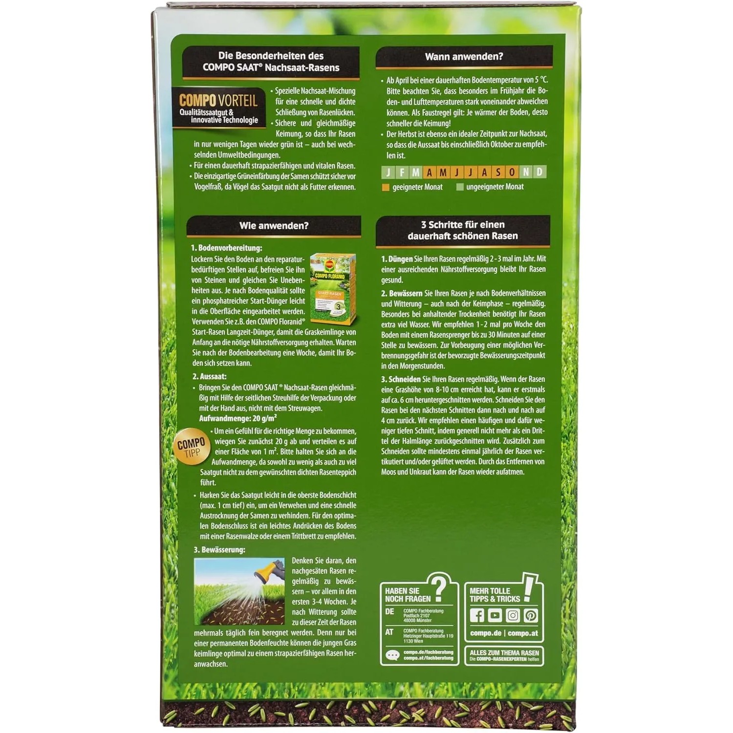 Compo Saat Rasen-Nachsaat 1 kg Packung, Detailansicht der Produktinformationen.