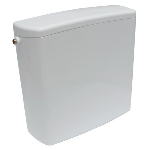 Weißer Geberit Aufputz-Spülkasten mit 2-Mengen-Spültechnik.