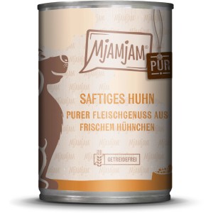 Mjamjam Hundenassfutter Saftiges Huhn, 400g Dose. Alleinfutter für Hunde mit purem Fleischgenuss.