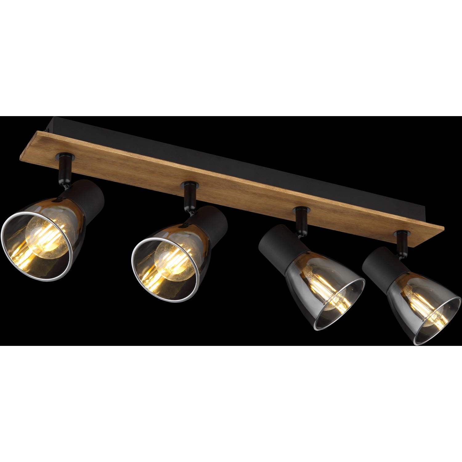 Globo Strahler Claude, 4-flammig, dunkelbraun/rauchfarben, 500x70x155mm. Holz und Glas Spots für den Innenbereich.