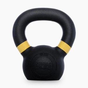 Schwarze Suprfit Elite Gusseisen Kettlebell 4 kg mit gelbem Farbring am Griff für Sport & Fitness.