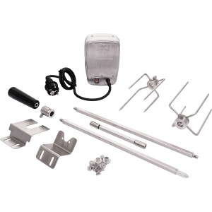 Char-Broil Premium Drehspieß Set: Edelstahl Spieß, Motor, Gabeln und Halterungen für Grill.