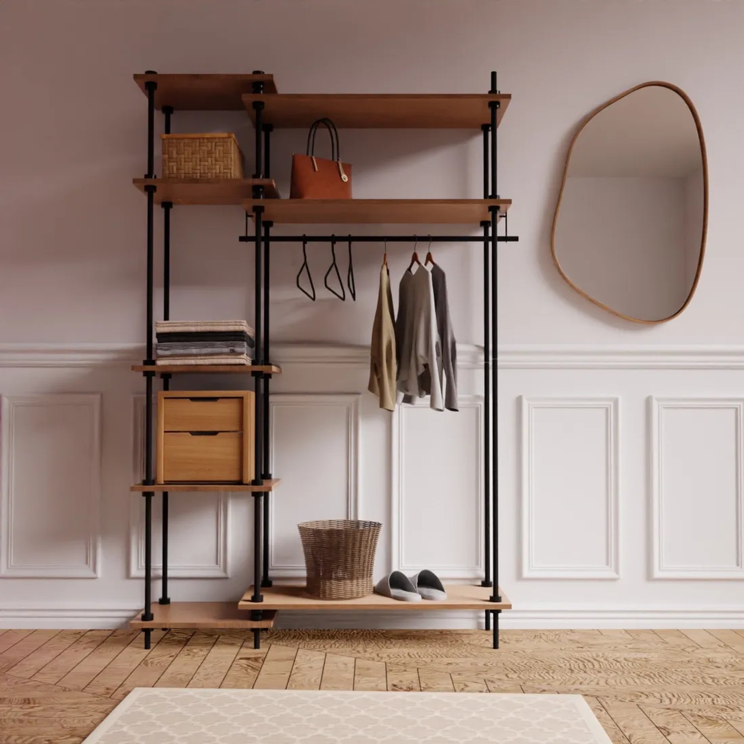 AR Shelving Standregal AR Deco, 185cm, Nebraska Holzdekor, mit Kleiderstange und Ablageflächen.