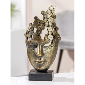 Bronzefarbene Gilde Skulptur Female Mask aus Kunstharz mit Antikfinish und runden Verzierungen auf dunklem Sockel. Dekorative Figur.