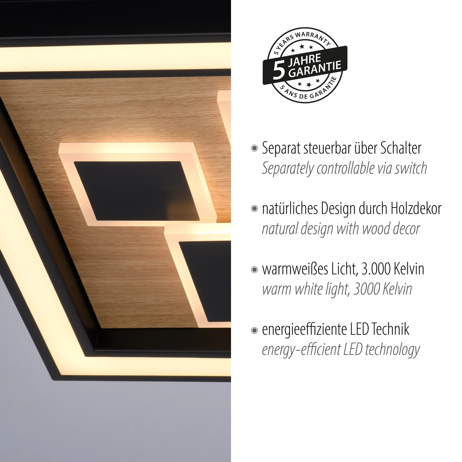 Moderne Paul Neuhaus LED-Deckenleuchte Eliza in Holz Natur, 48x48 cm, für Wohnräume.