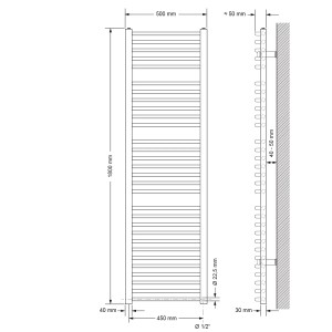 Technische Zeichnung: Weißer LuxeBath Badheizkörper, gebogen, 500x1800mm, mit Seitenanschluss.