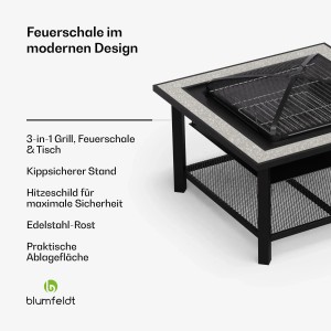 Blumfeldt Merano Avanzato 3-in-1 Feuerschale/Grill mit Tischfunktion, steingrau, mit Ablage.