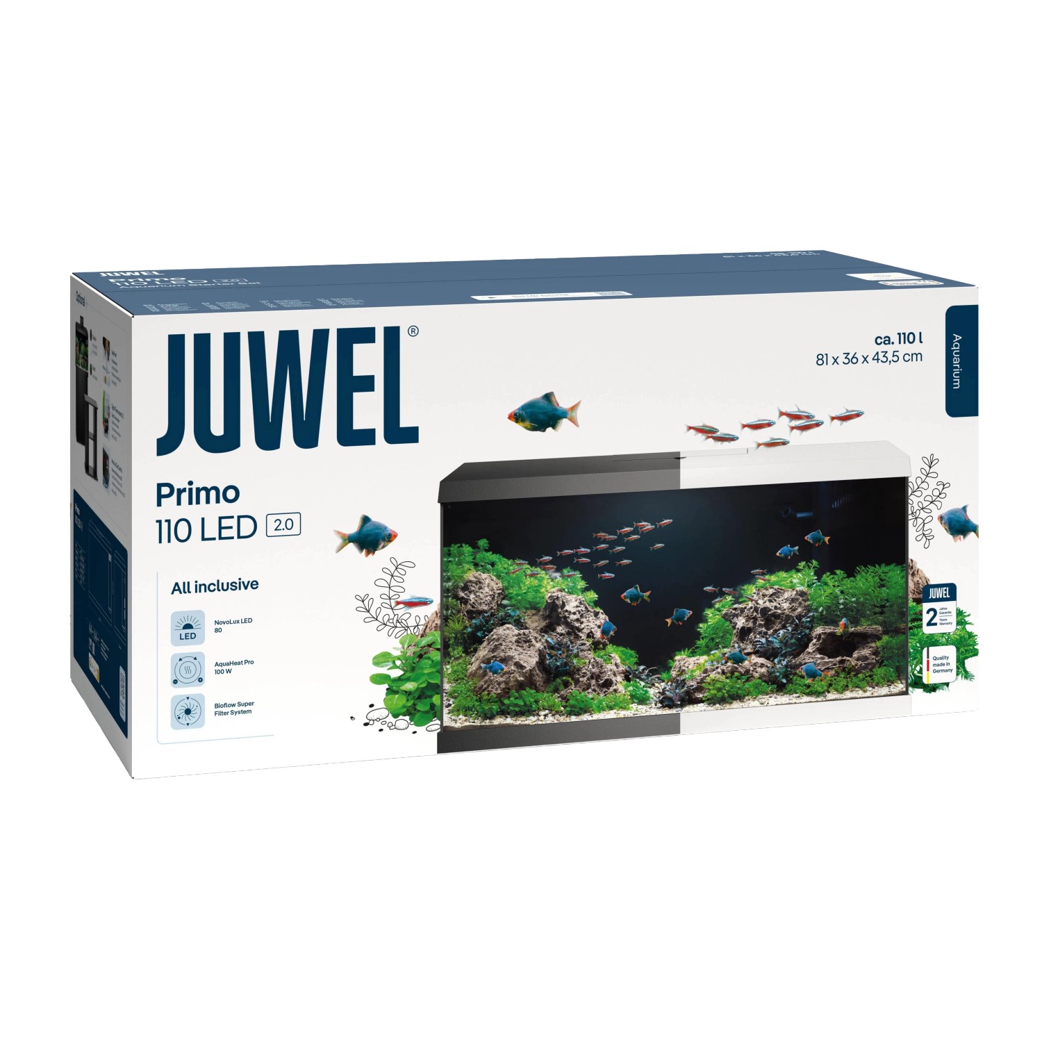 Verpackung des Juwel Aquarium-Set Primo 110 in Weiß, Komplettset mit LED-Beleuchtung.