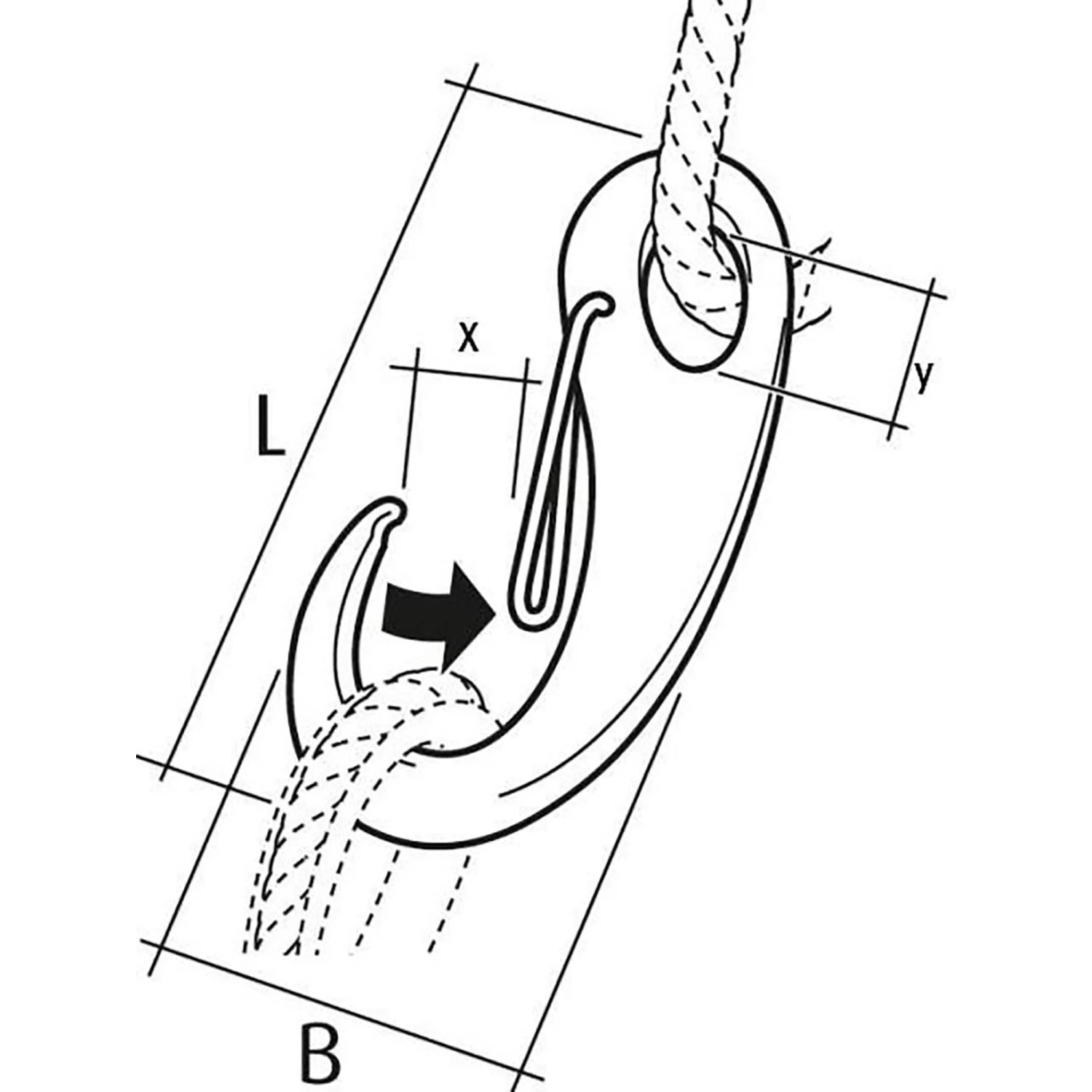 Zeichnung eines ovalen Karabinerhakens aus V4A-Stahl mit Bemaßung.