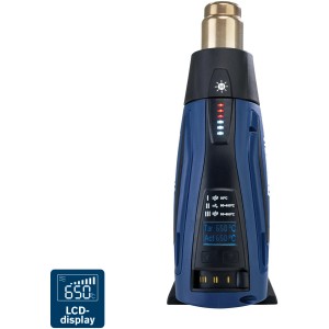 Rapid Heißluftpistole R2200-LCD im Koffer, blau, mit digitaler Temperaturanzeige.
