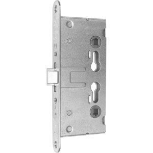 Einsteckschloss für feuerhemmende Türen, vorgerichtet für Profilzylinder, silberfarben.