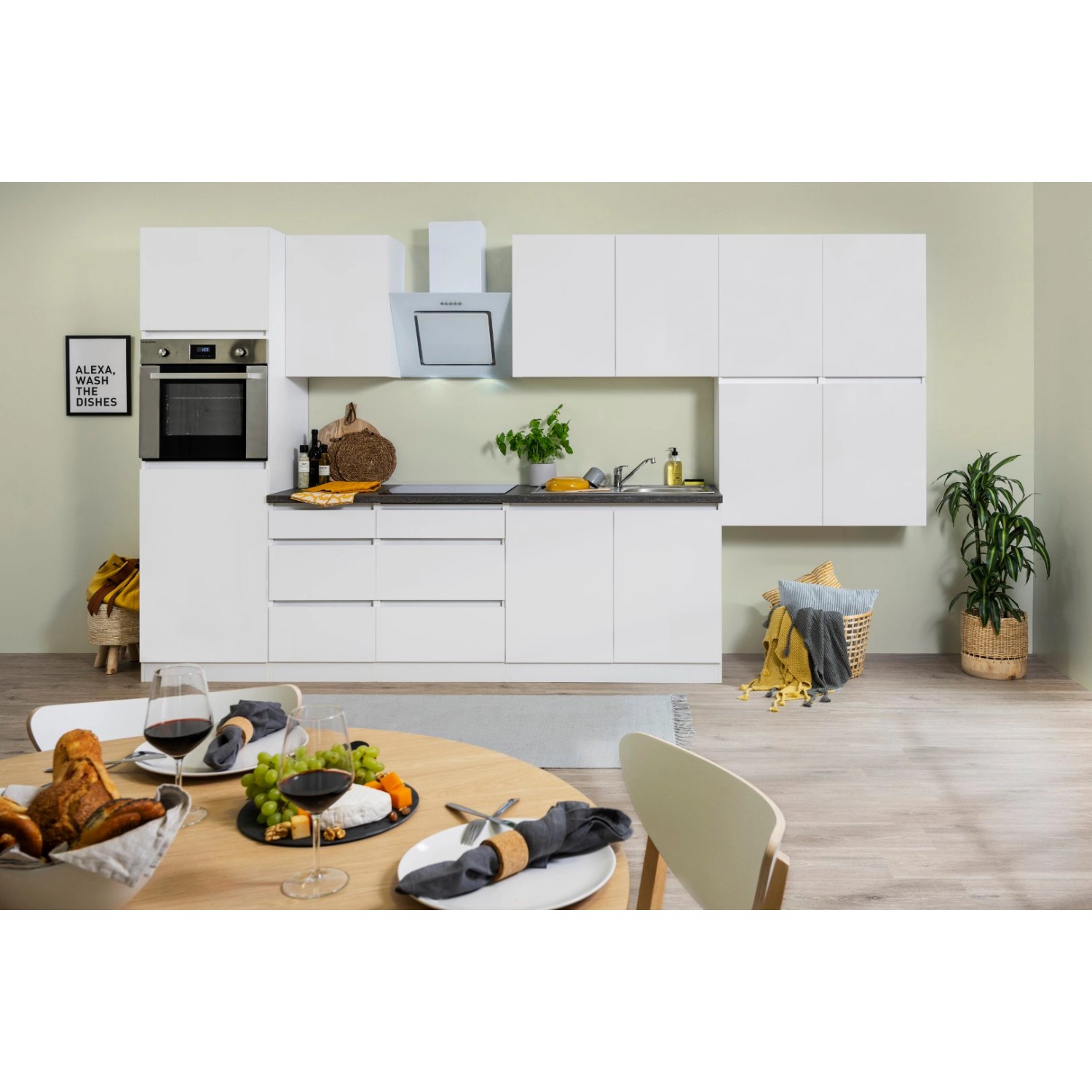 Respekta Küchenzeile/Küchenblock ohne E-Geräte 370 cm Grifflos Weiß Matt