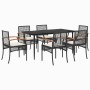 7-tlg. Garten-Essgruppe aus Poly Rattan, schwarz, mit Tisch und 6 Stühlen mit cremefarbenen Kissen.