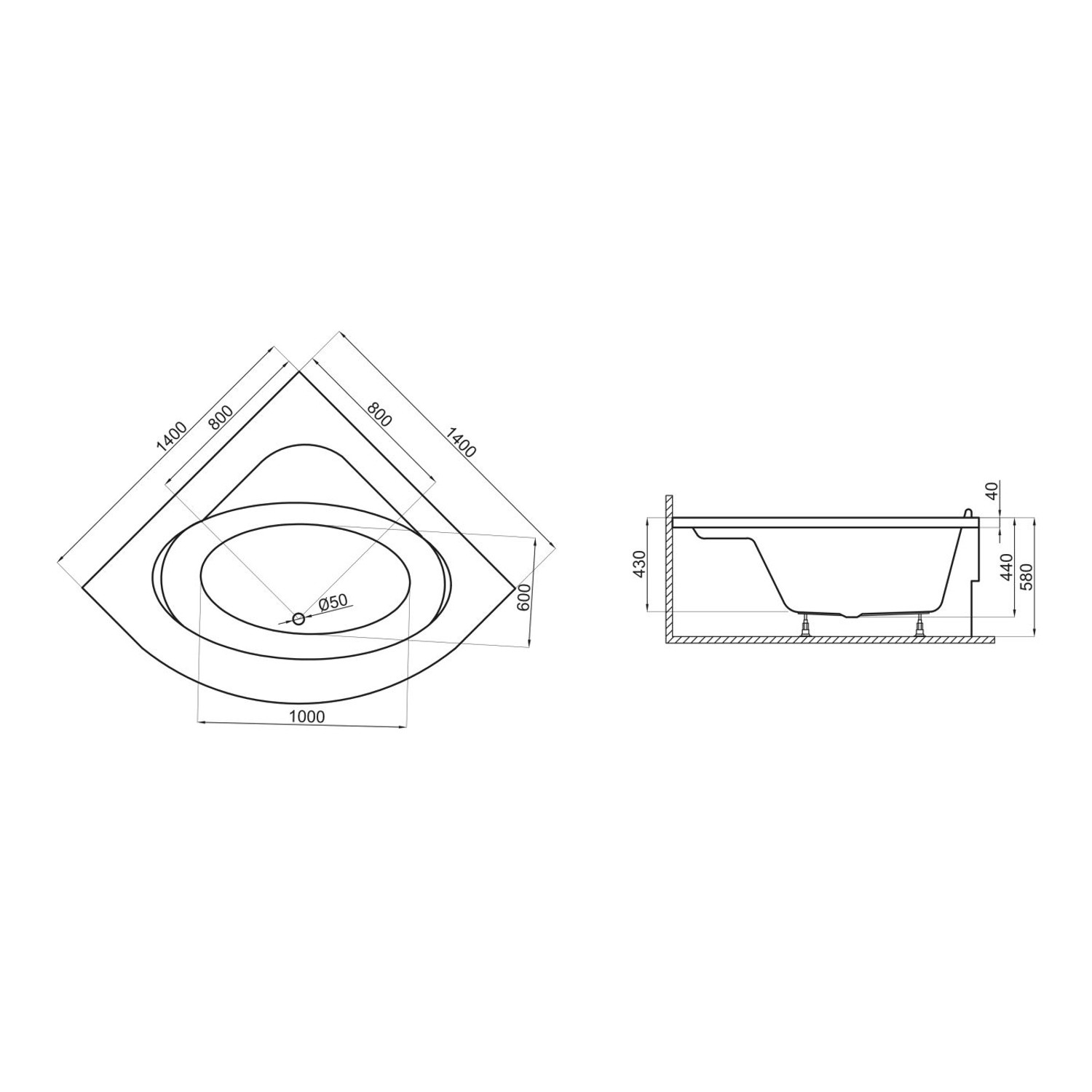 Bad Land Badewanne Eckwanne STANDARD 140x140 Ablauf Füße_9