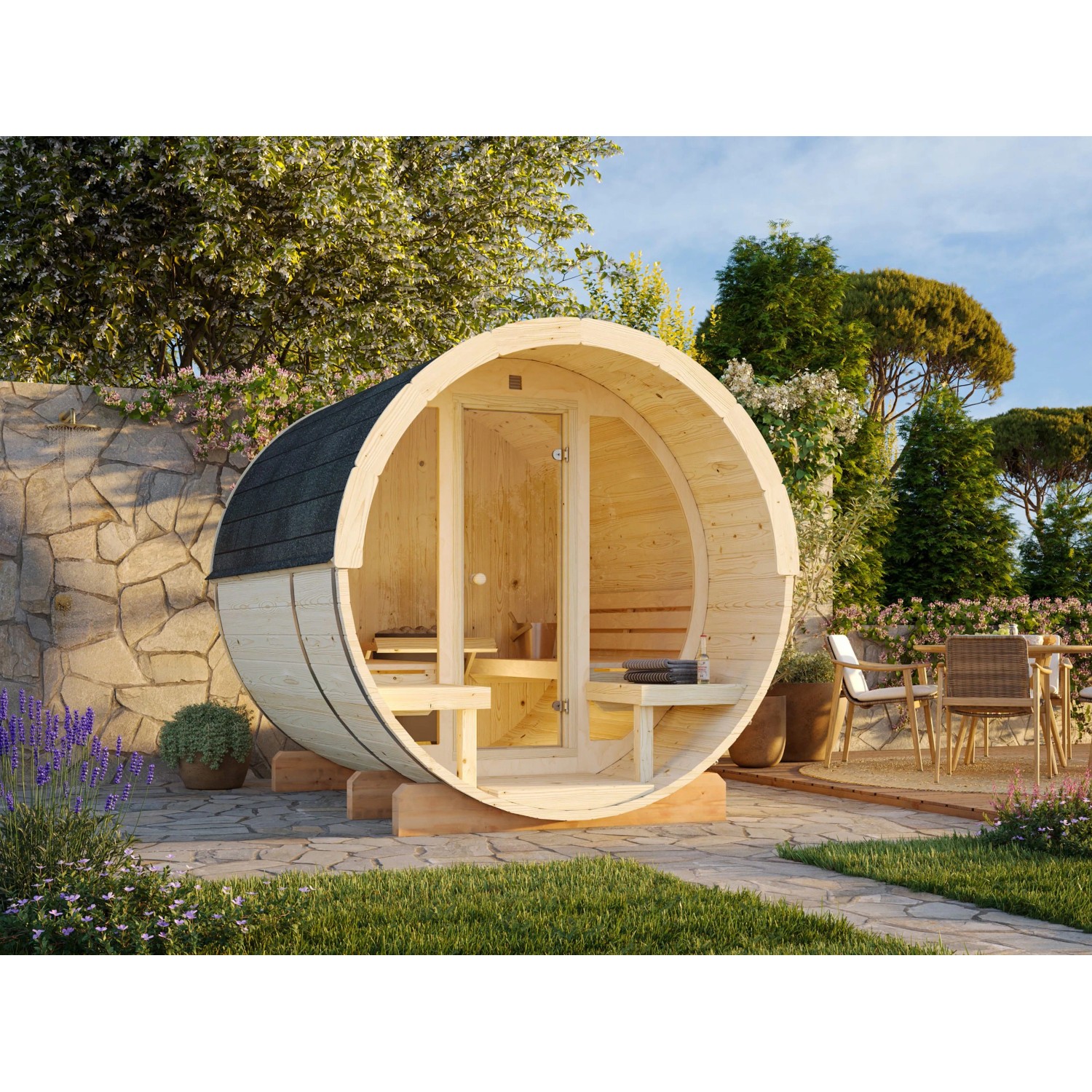 Palmako Sauna Anita mit Glaswand Naturbelassen 220 cm x 250 cm günstig online kaufen