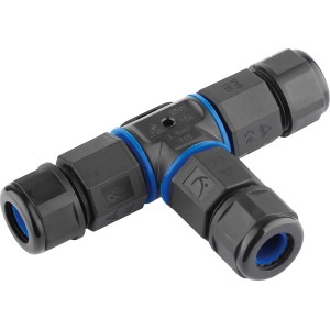 Wasserdichter T-Stecker (3 x 0,75-1,5 mm²) IP68 für sichere Kabelverbindungen im Außenbereich.