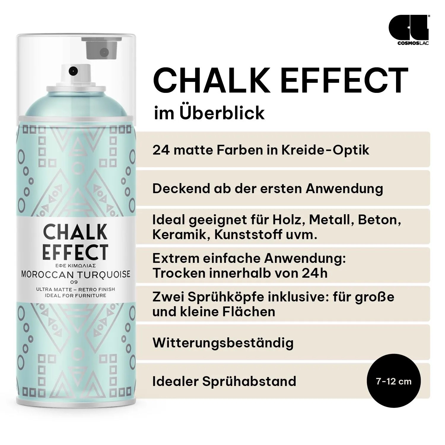 COSMOS LAC Kreidefarbe Spray Chalk Effect Marokkanisches Türkis, matt. Für DIY Projekte, Möbel & Deko, mit 2 Sprühköpfen.