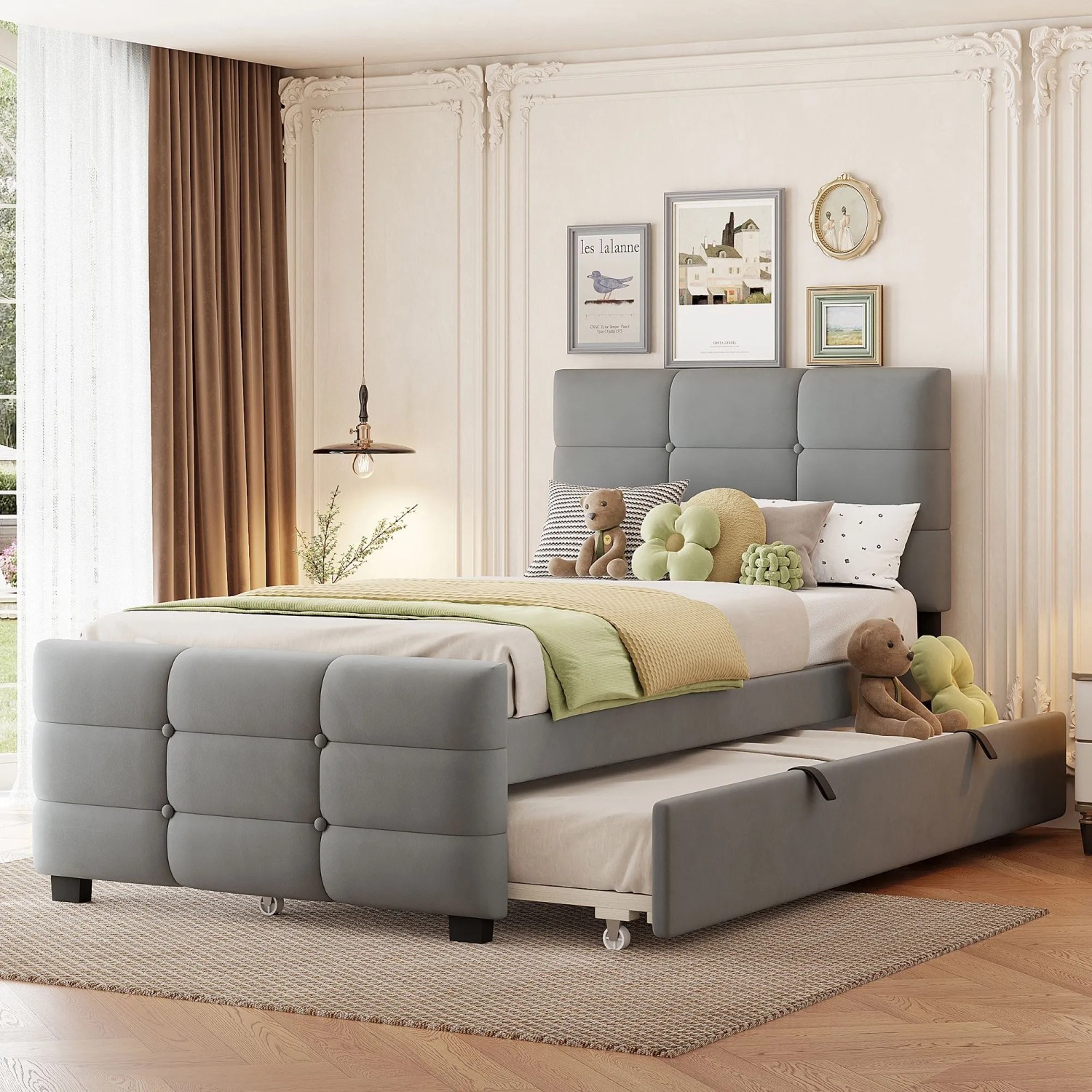 Merax Kinderbett 90x190cm Ausziehbett Samt Grau