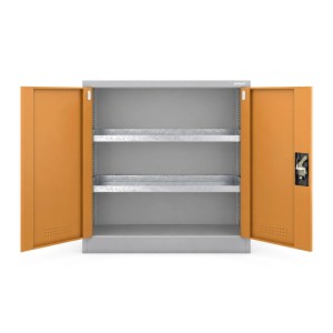 Niedriger JAN NOWAK Chemikalienschrank IRENE, Grau-Gelb, offene Türen, 2 Auffangwannen, 3-Punkt-Verriegelung.