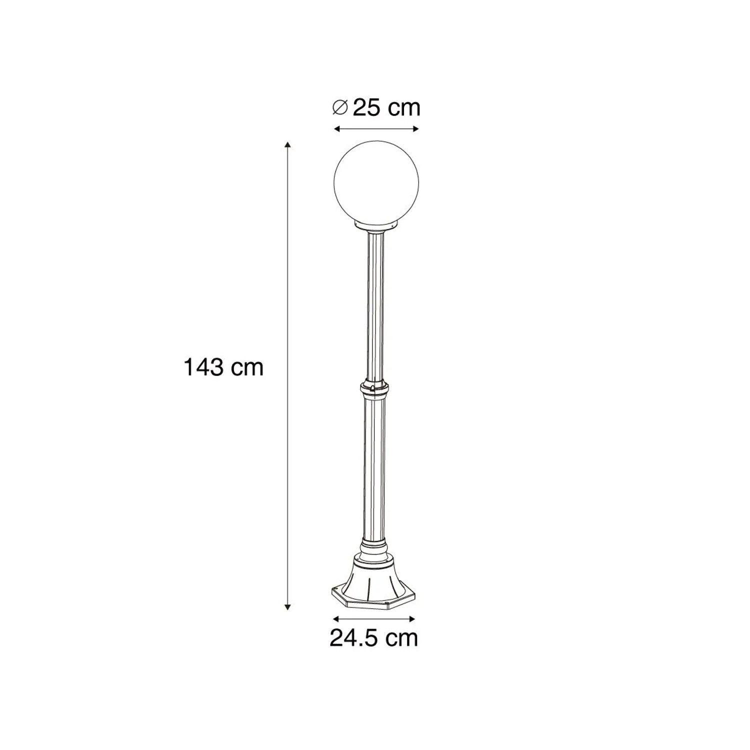 Skizze der schwarzen QAZQA Außen-Stehleuchte Champs mit Opalglas, 140cm hoch.