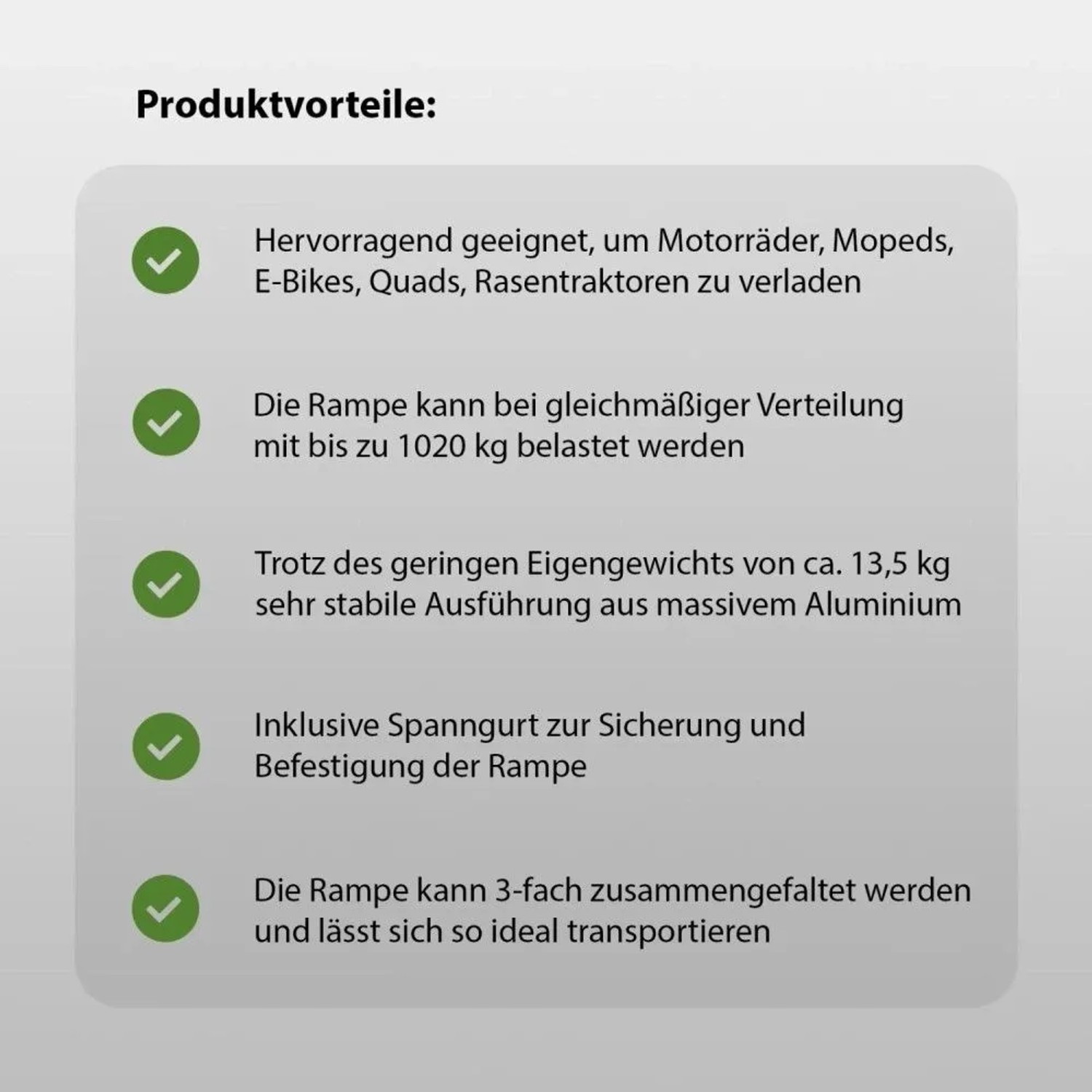 Produktvorteile der DREIBREIT Alu Auffahrrampe: Belastbar bis 1020kg, klappbar, inkl. Spanngurt.
