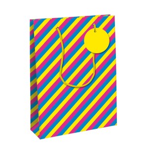 Große Clairefontaine Geschenktasche mit bunten diagonalen Streifen in Gelb, Pink, Blau und gelben Kordelgriffen. Inkl. Geschenkanhänger.
