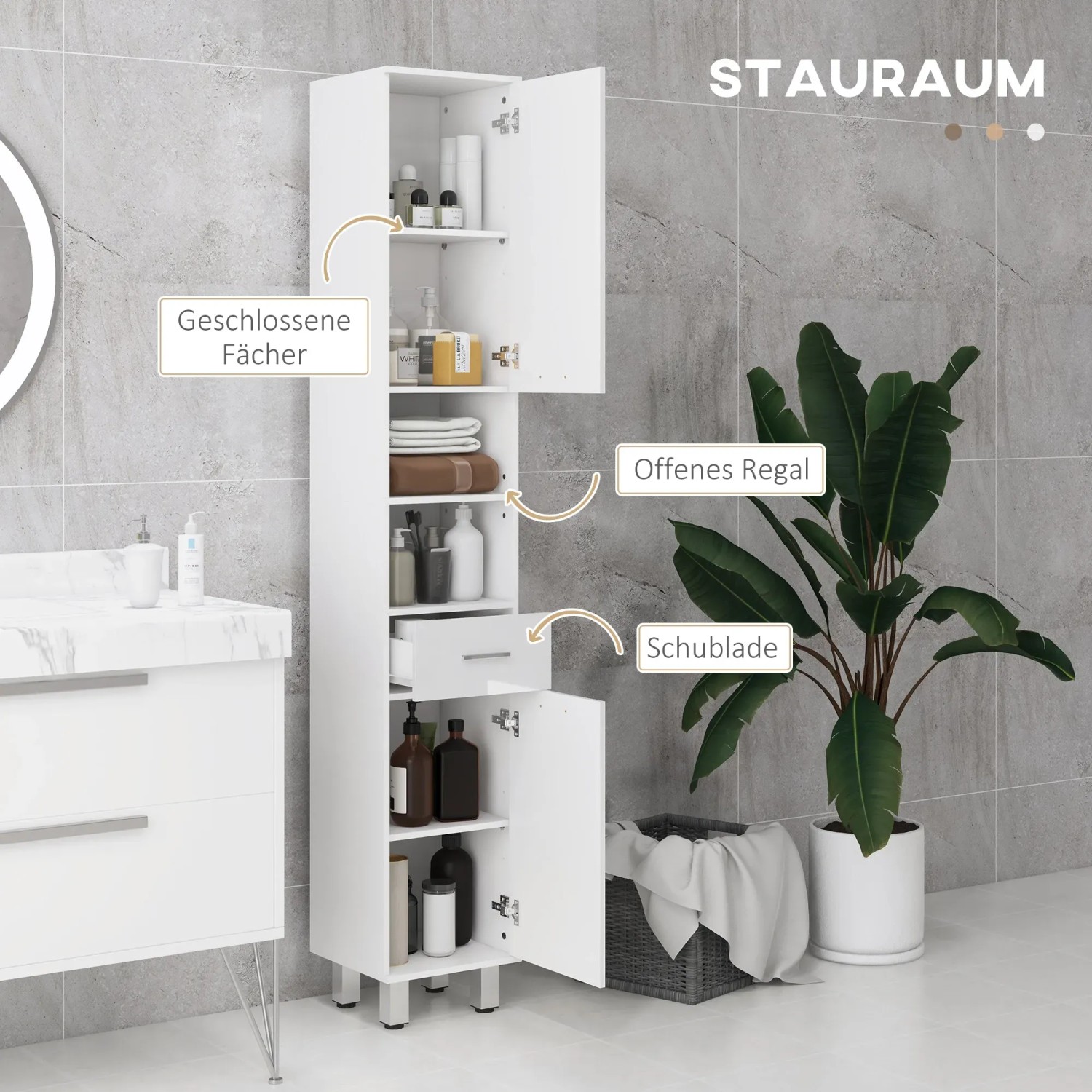 Weißer kleankin Badezimmerschrank mit Regalen, Schublade und Schrankfächern für Badutensilien.