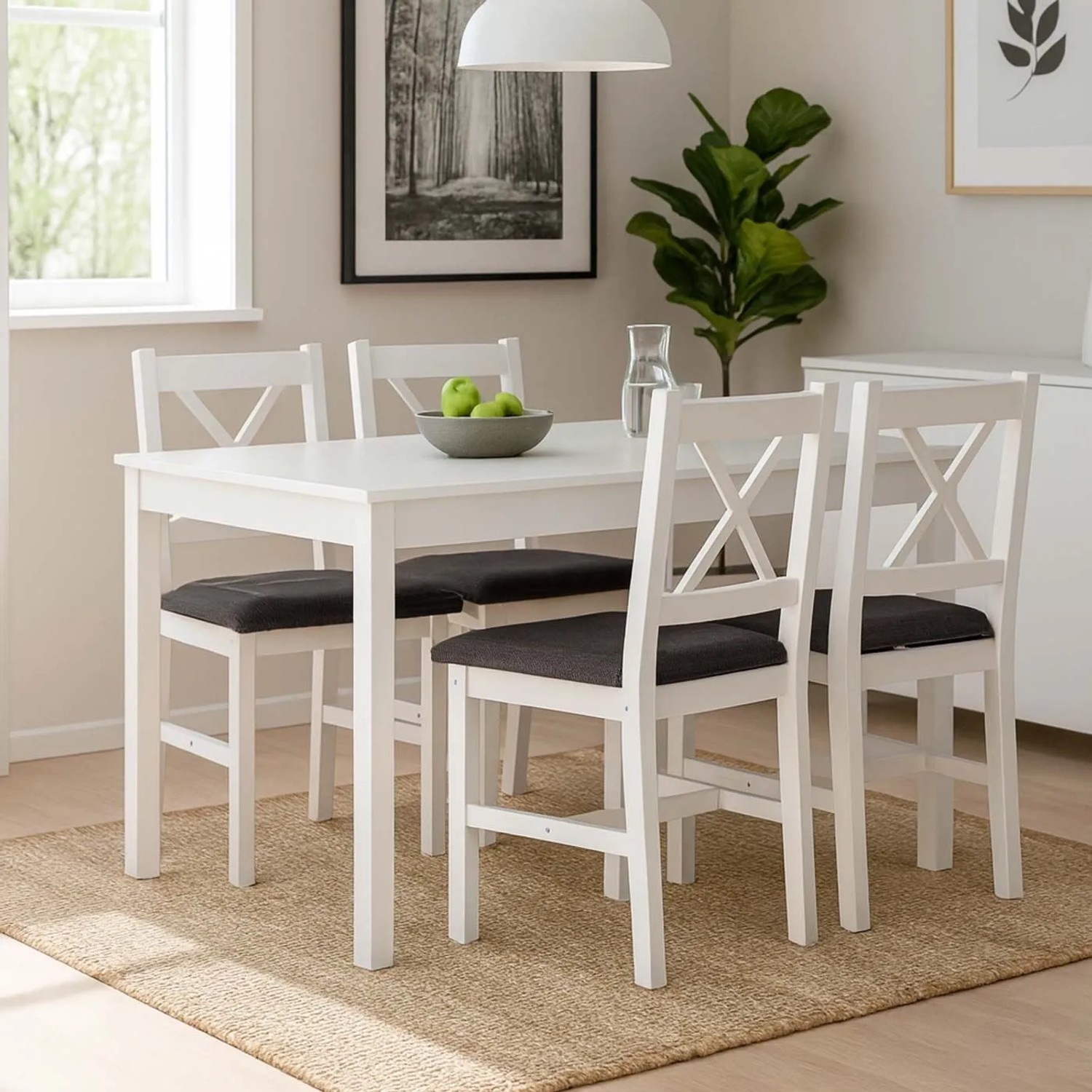 Weißes Esszimmer-Set aus Massivholz im Landhausstil: Tisch und 4 Stühle mit X-Lehne und schwarzen Polstern.