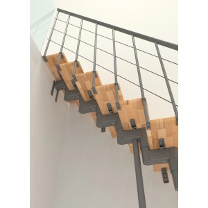 Minka Mittelholmtreppe Comfort Top Turn Buche Grau, Detailansicht der Holzstufen und des grauen Geländers.